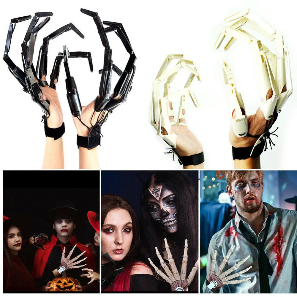 Halloween-themed gloves with black and white designs, worn by people in various settings.