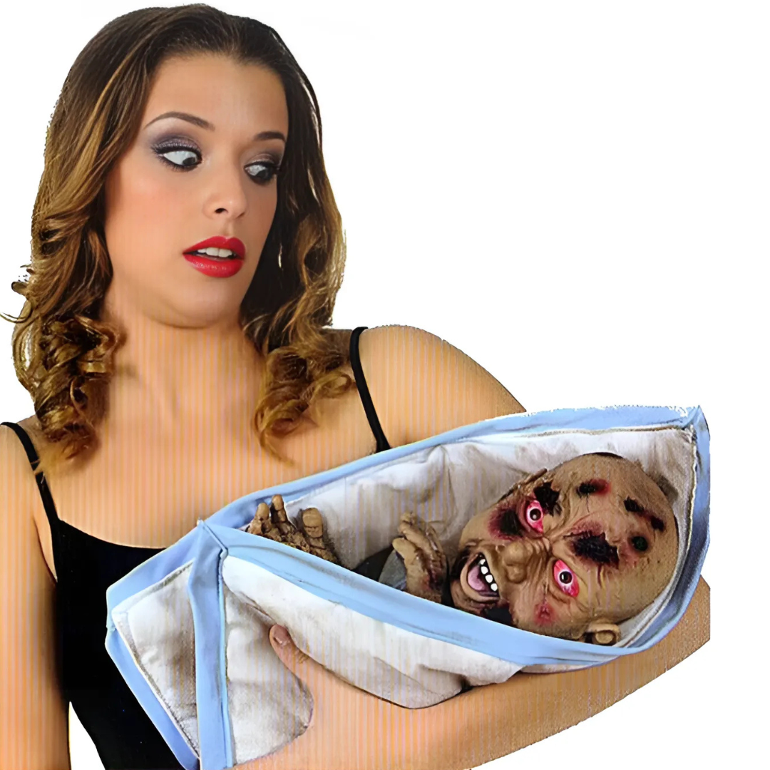 Woman holding a baby carrier with a zombie baby doll inside on a white background