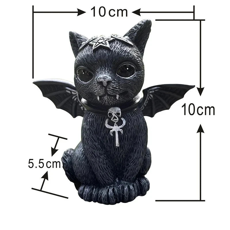 Black cat figurine with bat wings and skull emblem, shown with measurements on a white background