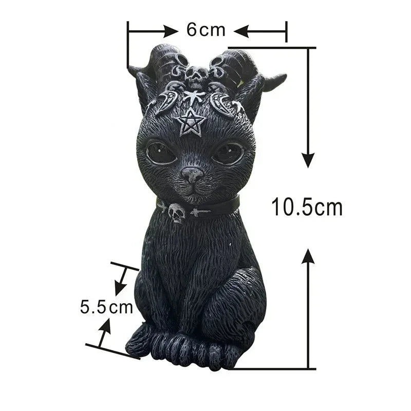 Black cat figurine with measurements on a white background