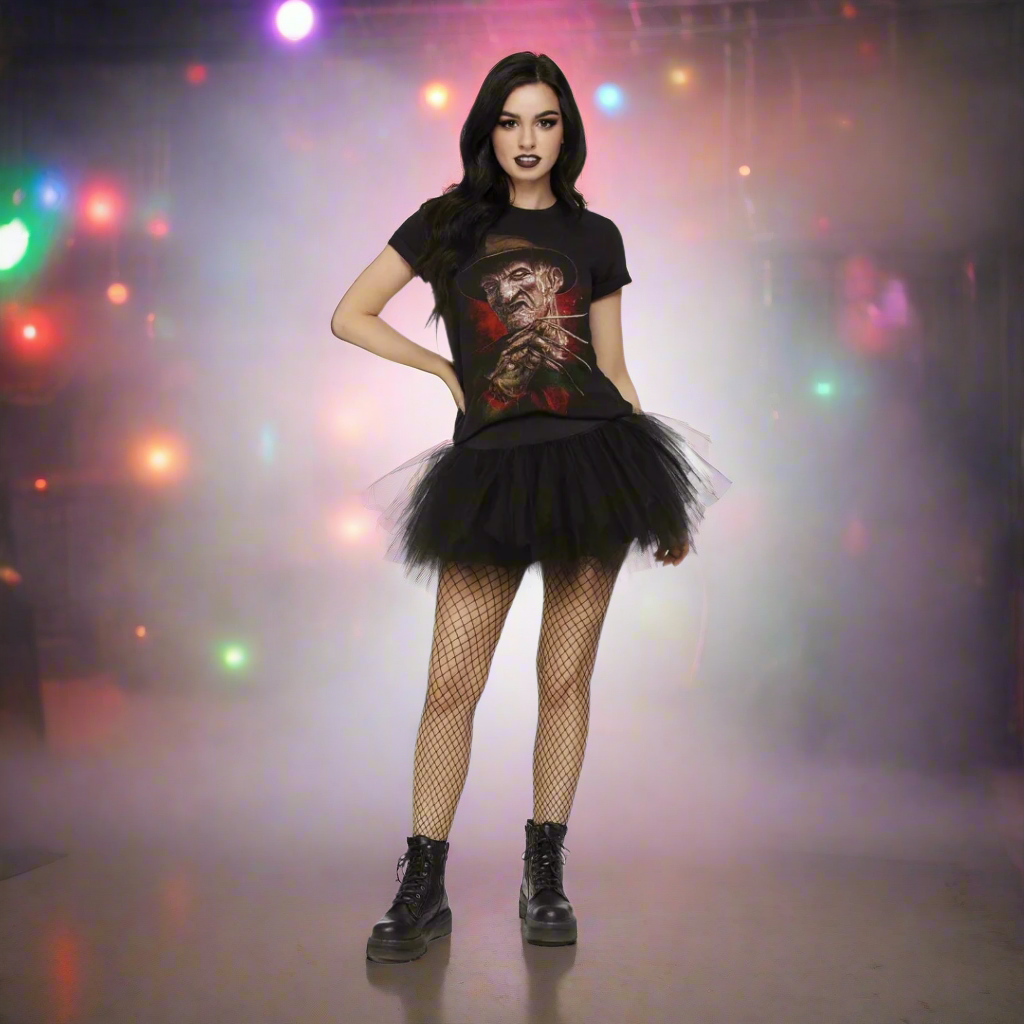 Person wearing a black t-shirt with a graphic design and a black tutu skirt on a white background