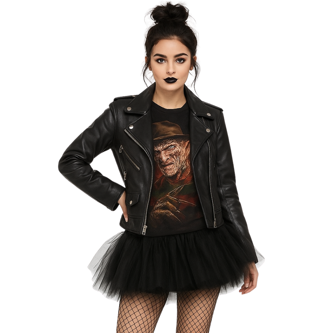 Woman wearing a black leather jacket and a black t-shirt with a graphic design on a white background