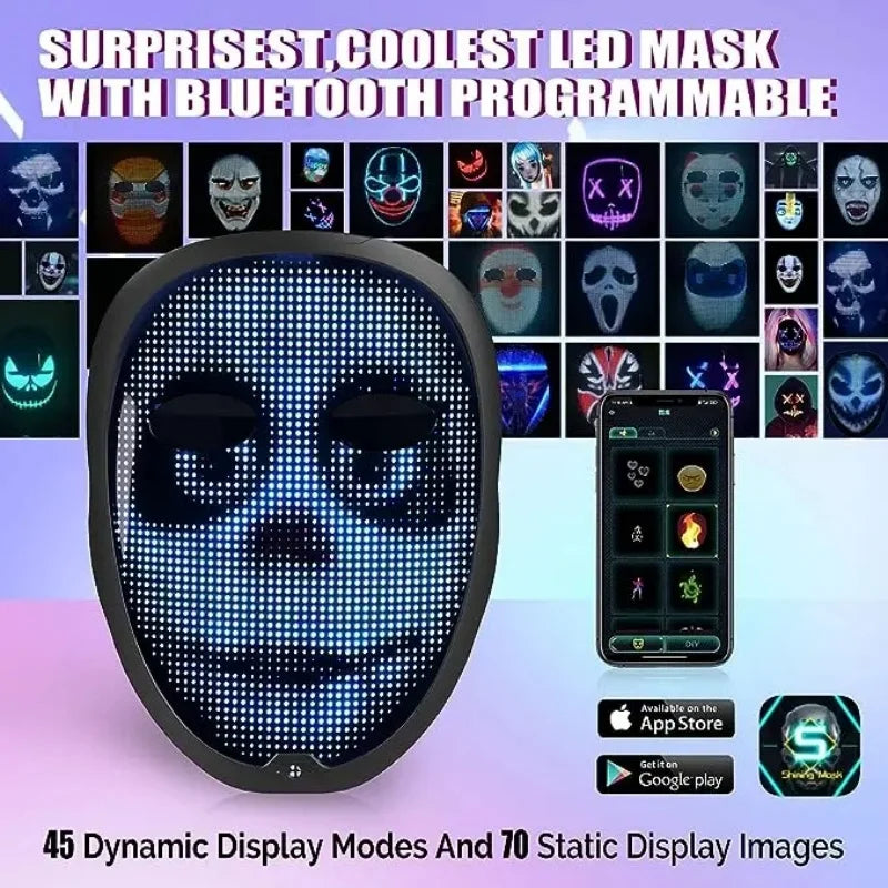 LED mask with Bluetooth programmable features, displayed with app store icons and dynamic display modes.