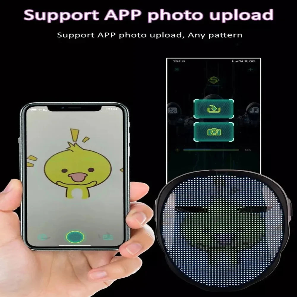 Hand holding a smartphone with an app displaying a green character, next to a round LED panel.