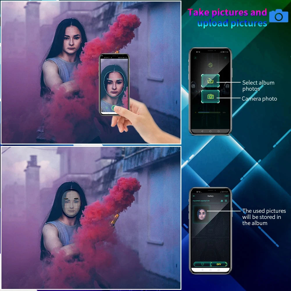 Person holding red smoke with smartphone app interface showing photo selection and storage.