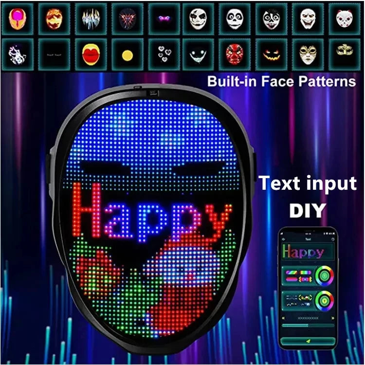 LED face mask with customizable text and built-in face patterns on a dark background.