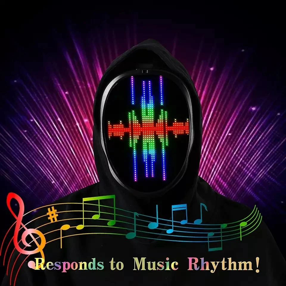 Person wearing a LED mask with music rhythm display against a vibrant, dynamic background.