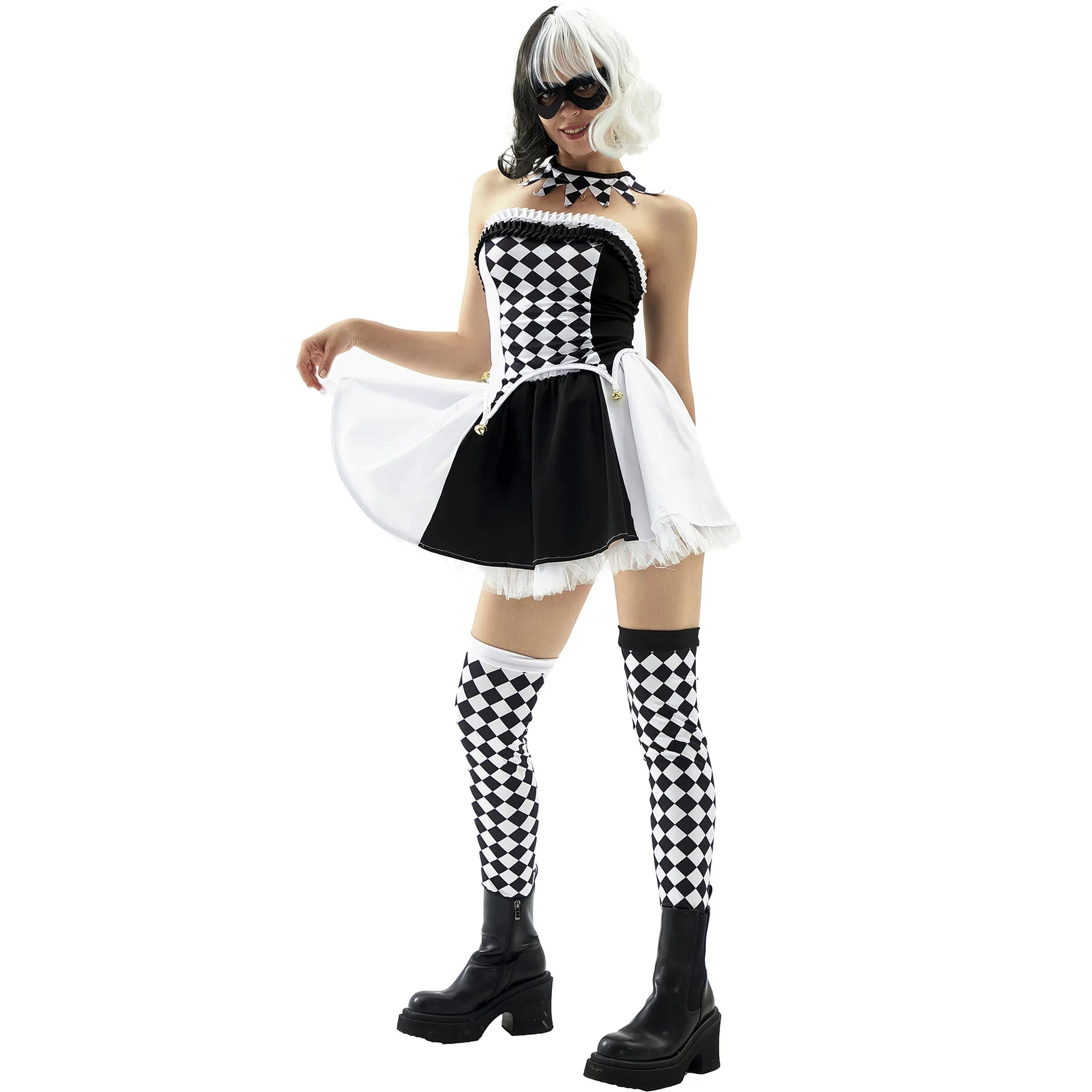 Person wearing a black and white checkered costume with a white apron on a white background
