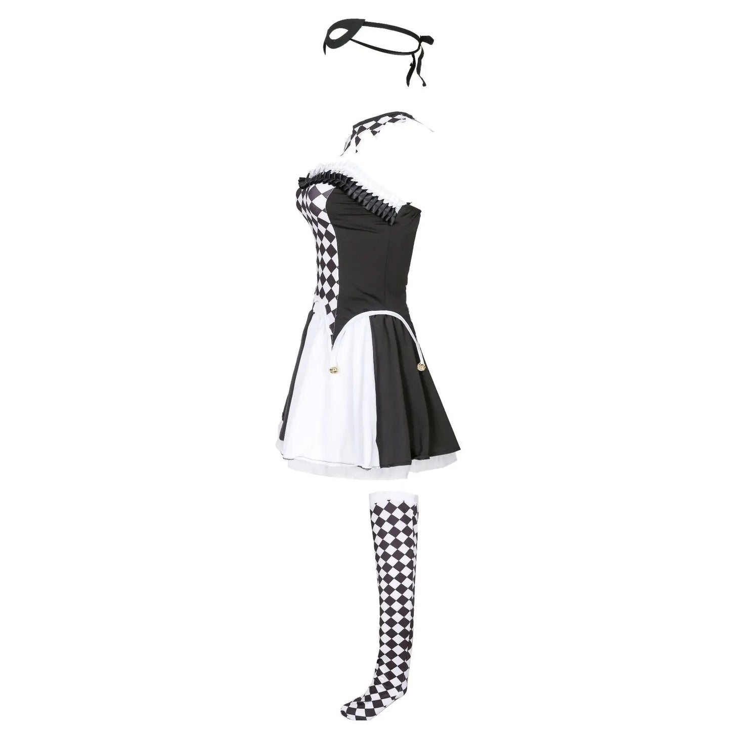 Black and white checkered dress with matching accessories on a white background