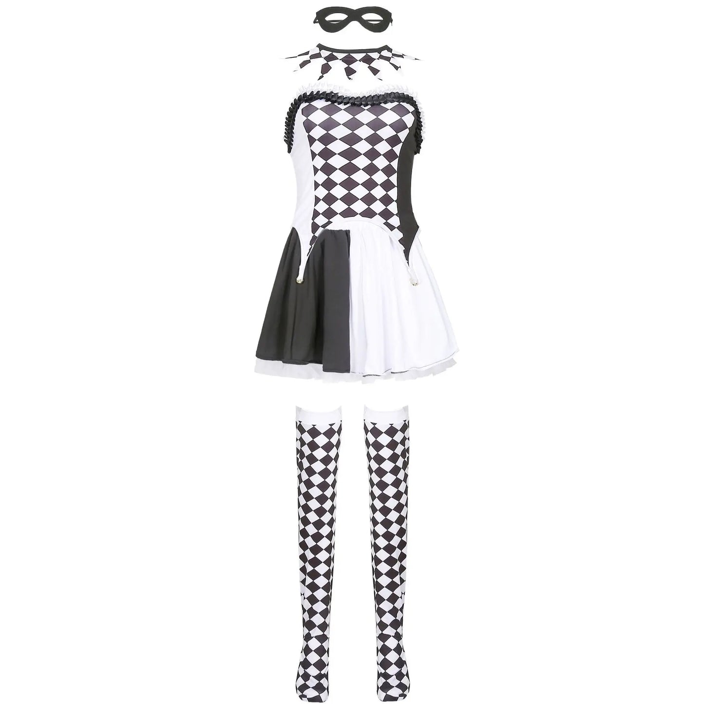 Harlequin costume with dress, tights, and mask on a white background