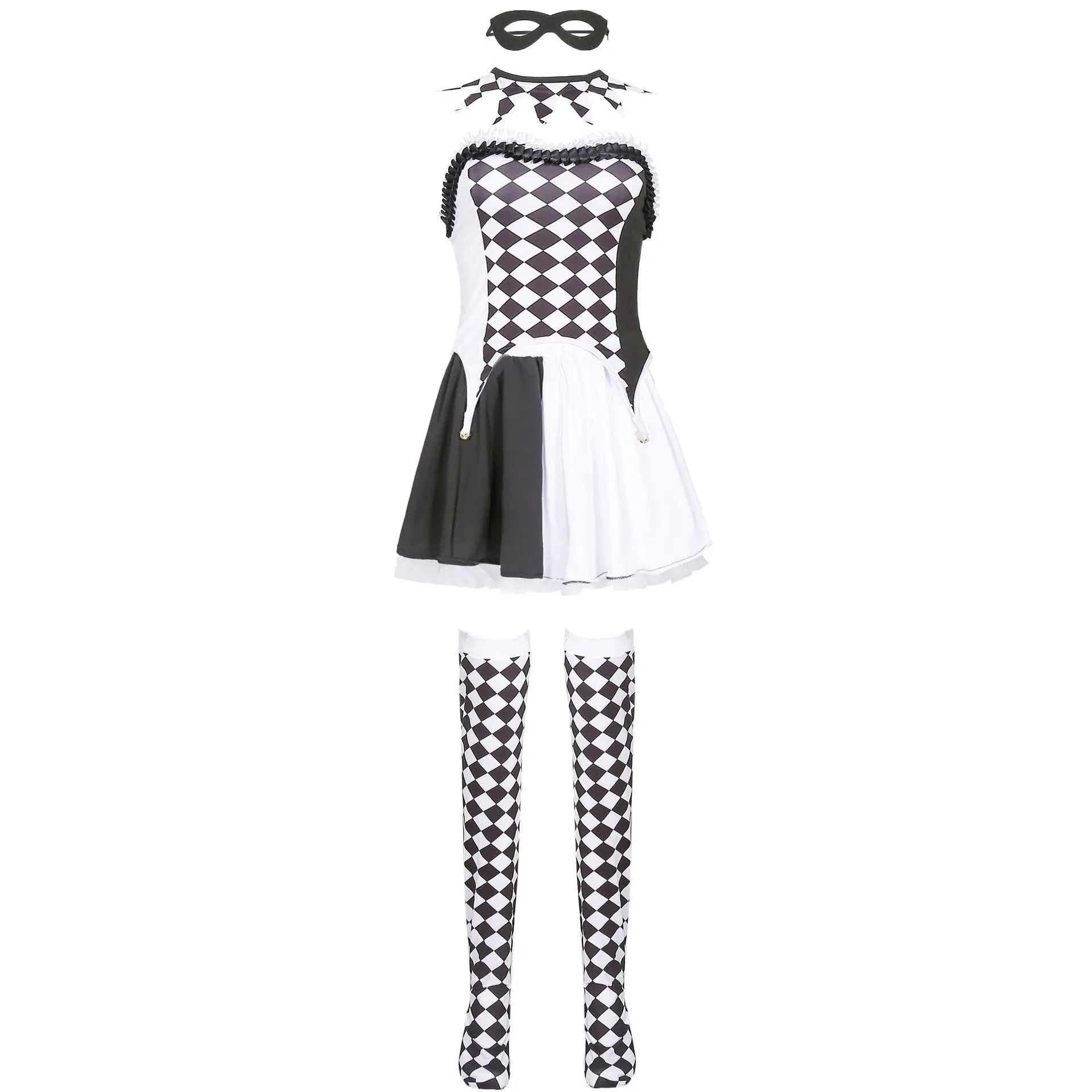 Harlequin costume with dress, tights, and mask on a white background