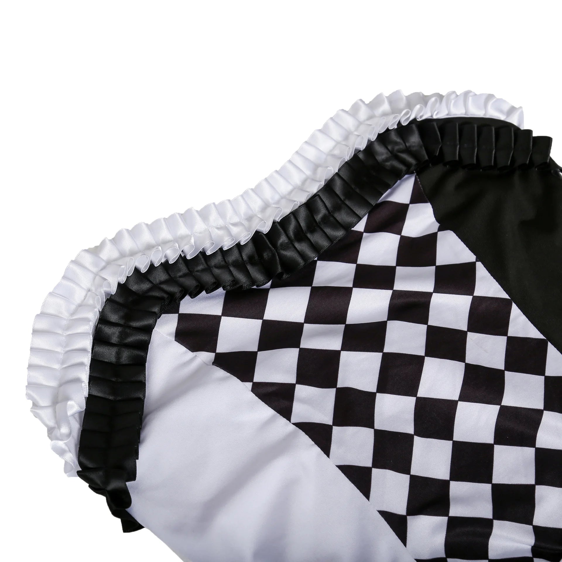Black and white checkered skirt with ruffled white waistband on a white background