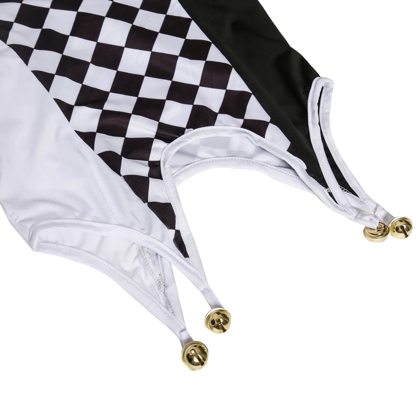Black and white checkered flag with gold tips on a white background