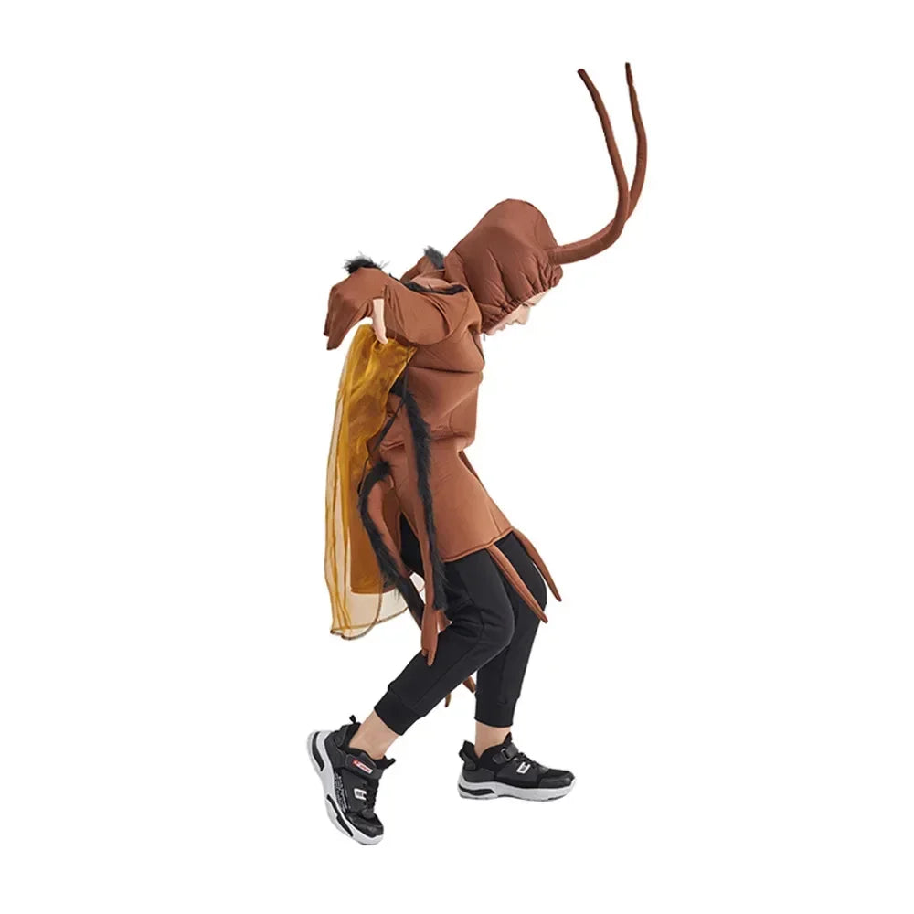 Person wearing a brown ant costume on a white background