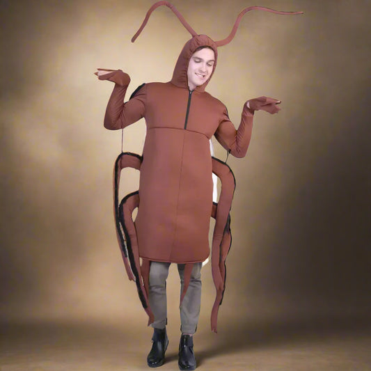 Person wearing a brown cockroach costume on a white background
