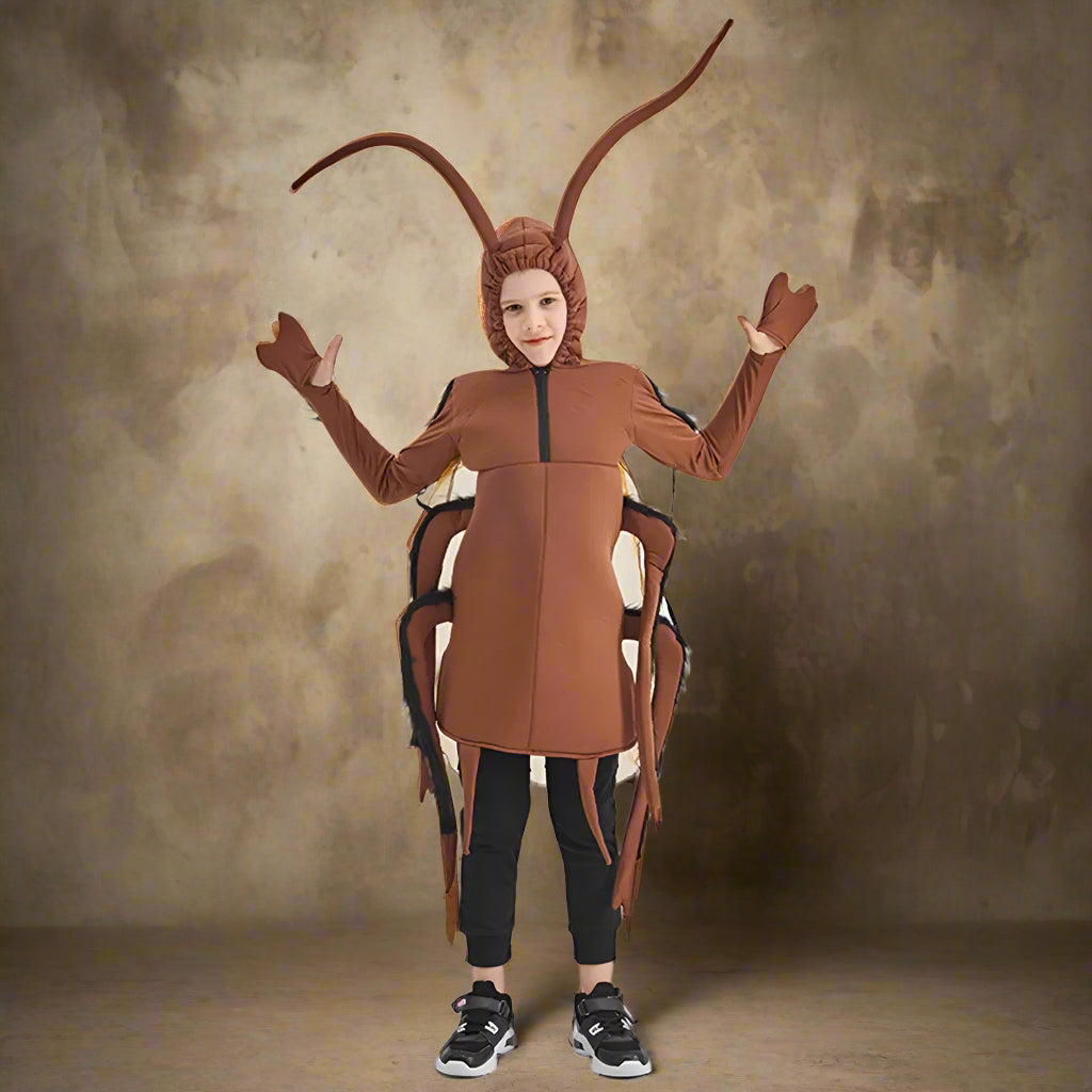 Person wearing a brown ant costume on a white background