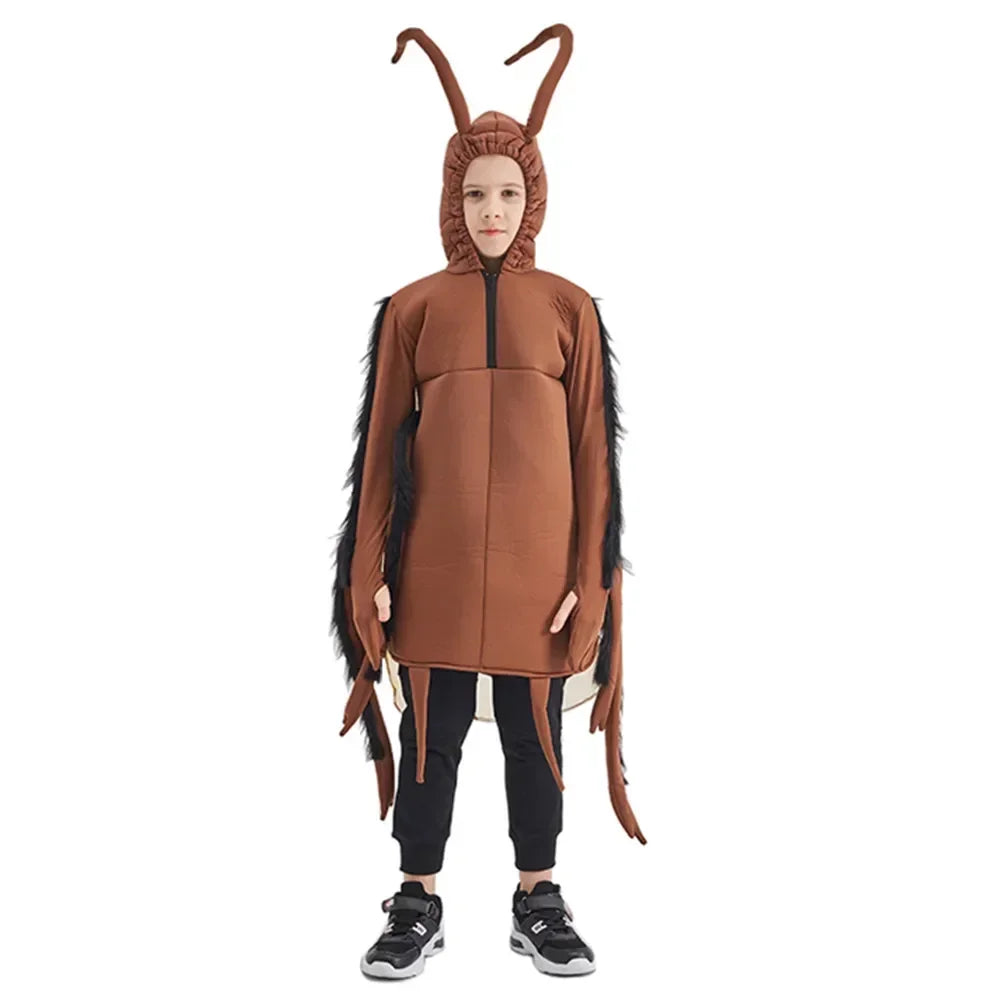 Person wearing a brown cockroach costume with large antennae on a white background