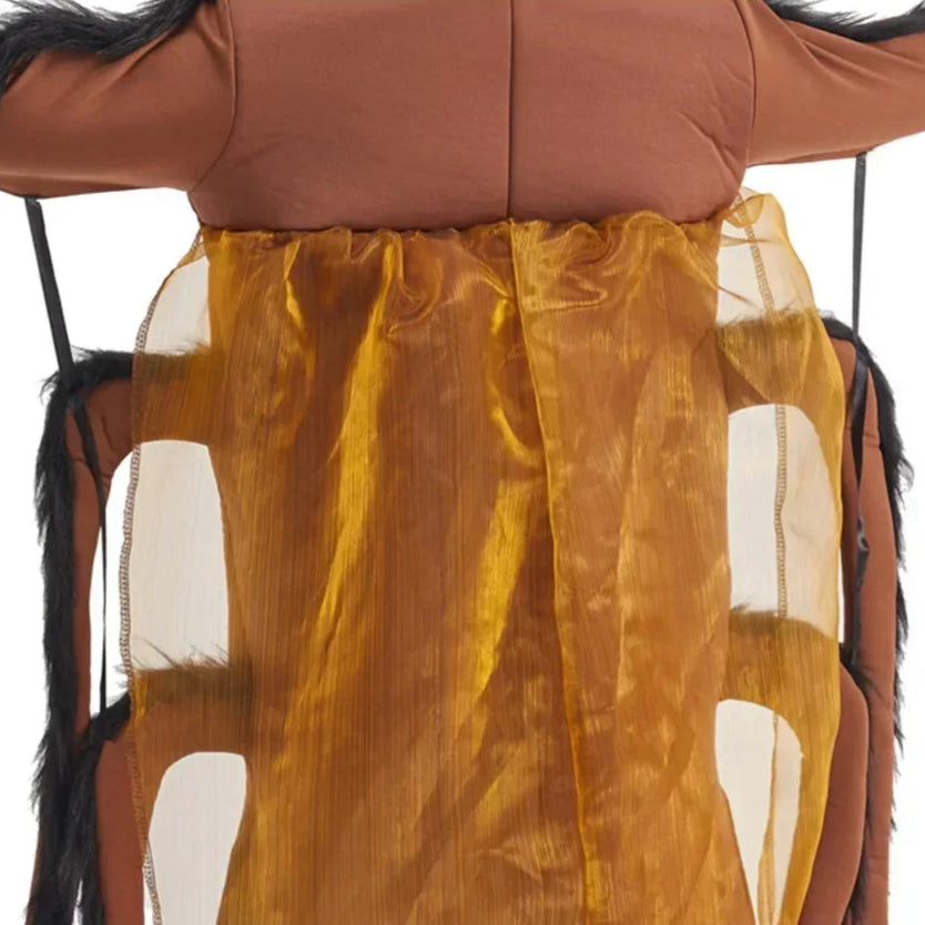 Brown garment with sheer mustard yellow overlay on a white background