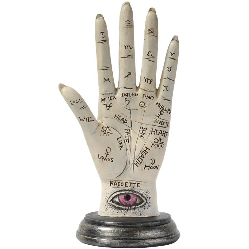 Decorative palm reading hand with astrological symbols on a white background