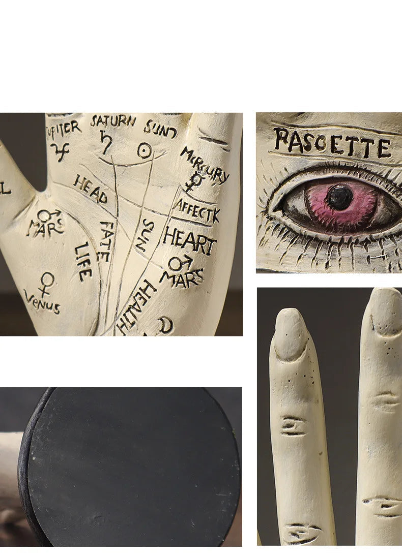 Collage of detailed ceramic pieces with inscriptions and a painted eye.