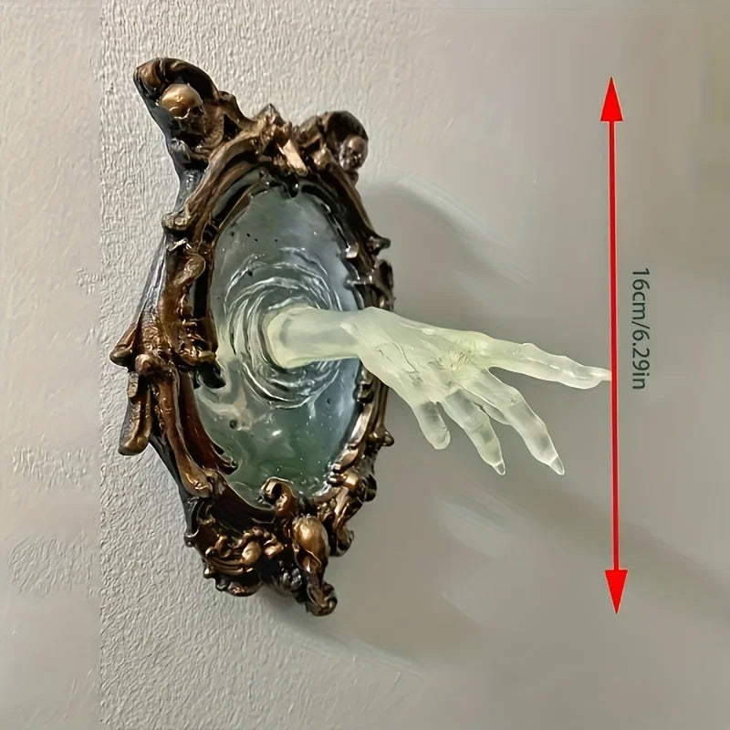 Decorative wall piece with a hand-like sculpture and measurement label on a plain background
