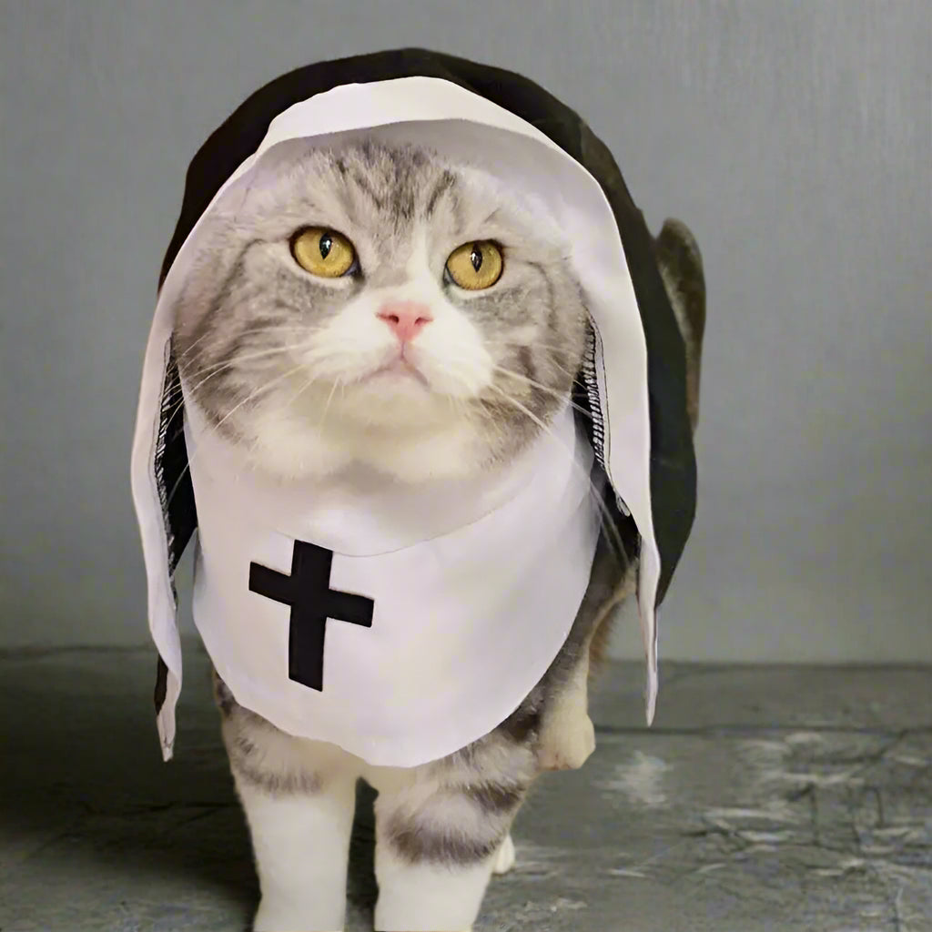 Cat wearing a nun costume with a white collar and black cross on a blurred indoor background
