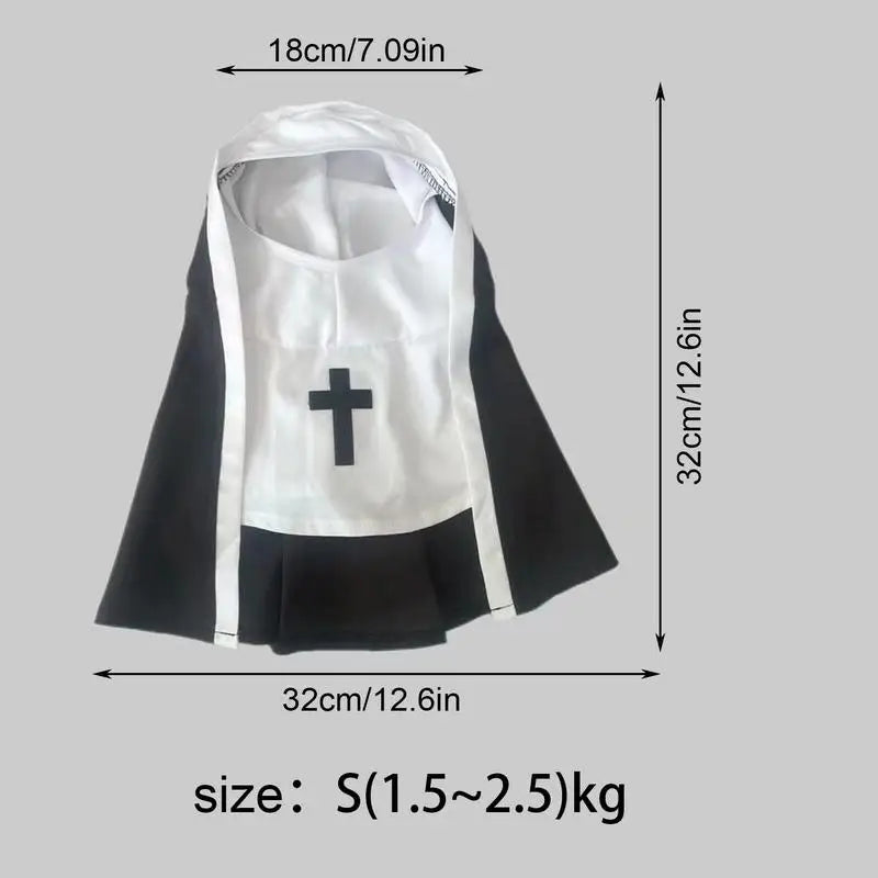 Measurement chart of a black and white outfit with a cross design on a gray background