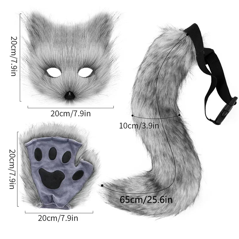 Fur mask, tail, and paw with measurements on a white background
