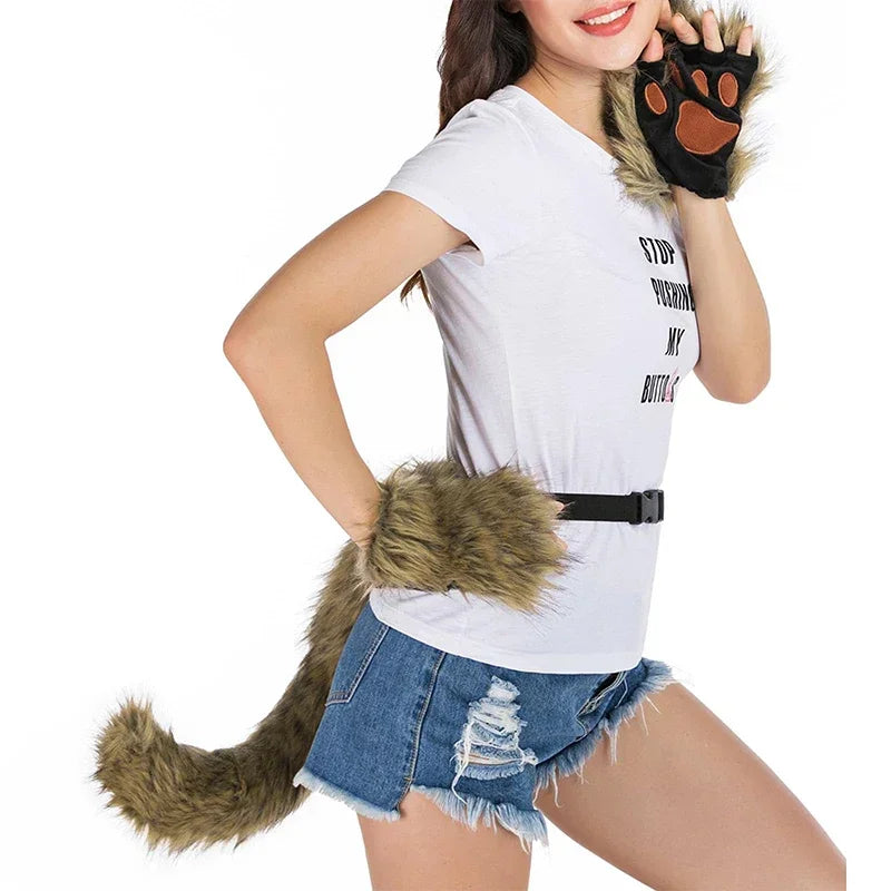 Person wearing a white t-shirt with text, denim shorts, and a fluffy tail accessory on a white background
