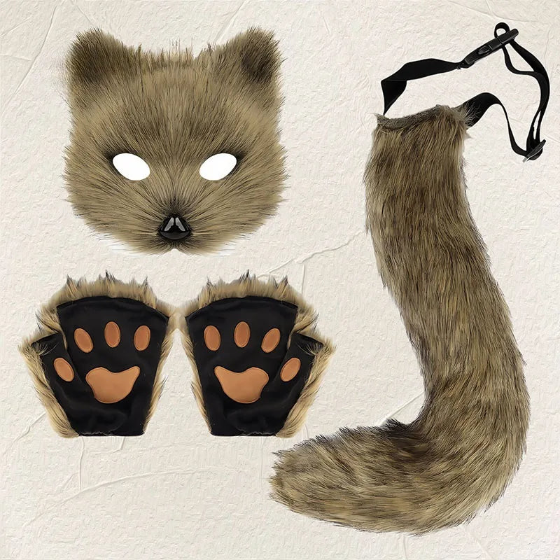 Raccoon mask, tail, and paw gloves on a textured beige background