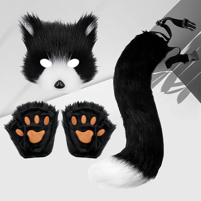 Black and white animal mask with ears, paw gloves, and a tail on a light gray background