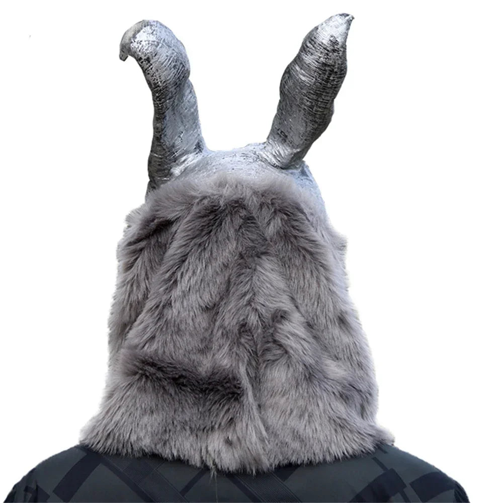 Gray furry hood with silver horns on a white background