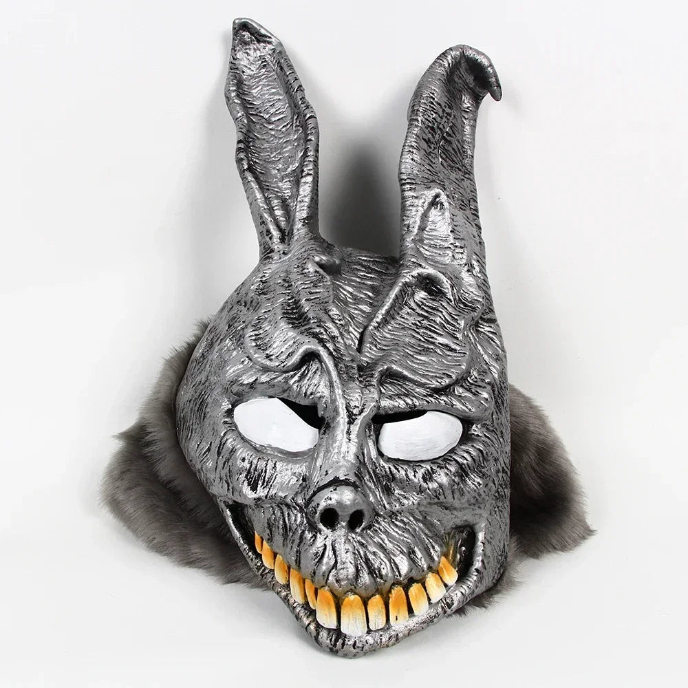 Horror-themed mask with rabbit ears and fur on a white background