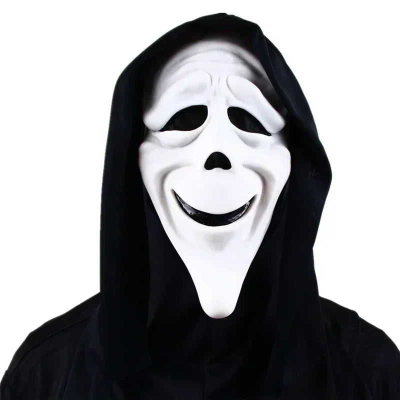 Person wearing a white mask with a black hood on a white background