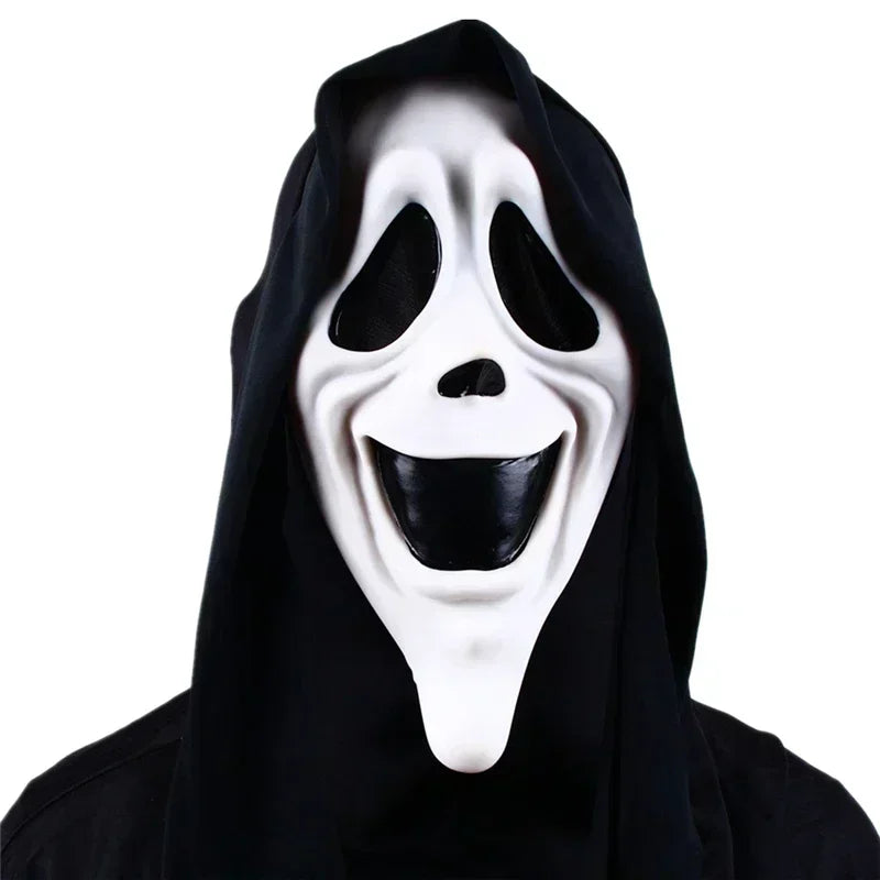 Halloween mask with a black hood on a white background
