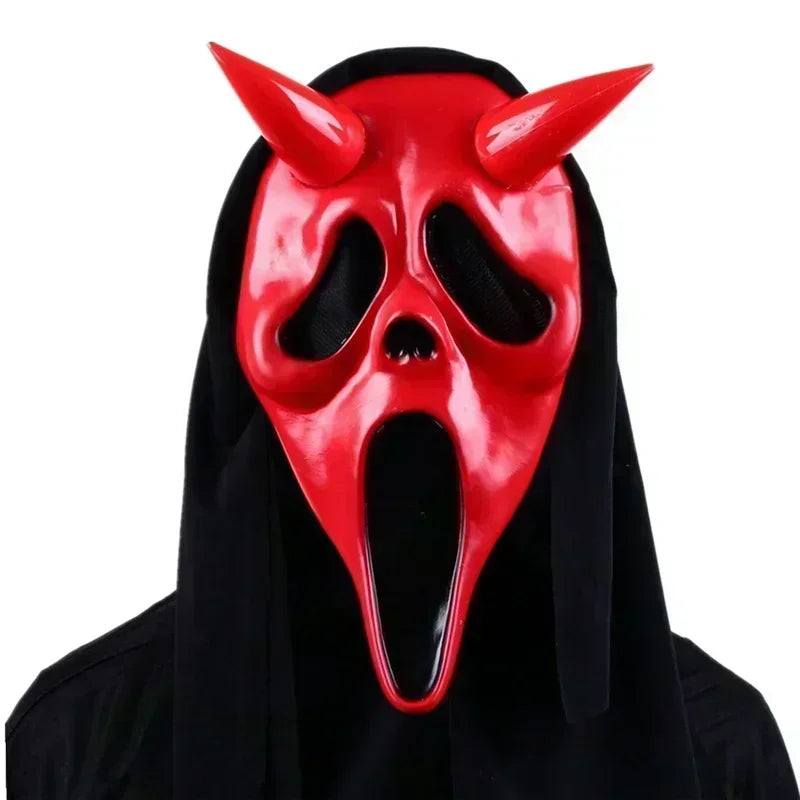 Red mask with horns and black hood on a white background