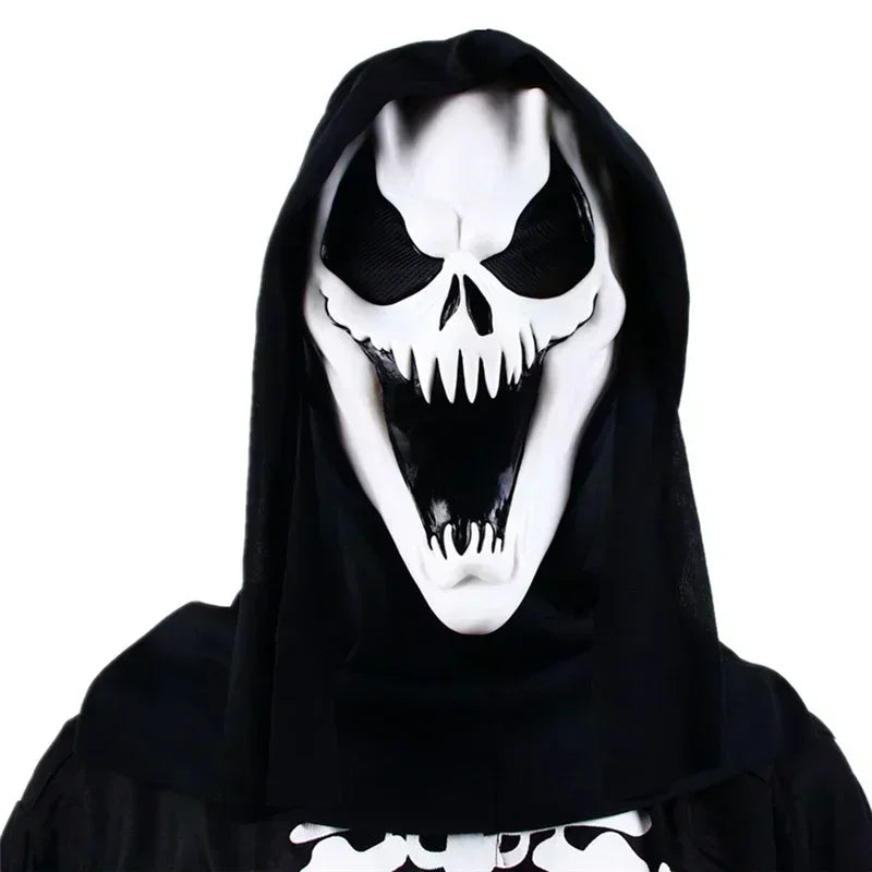 Black hooded garment with a white skull mask on a white background