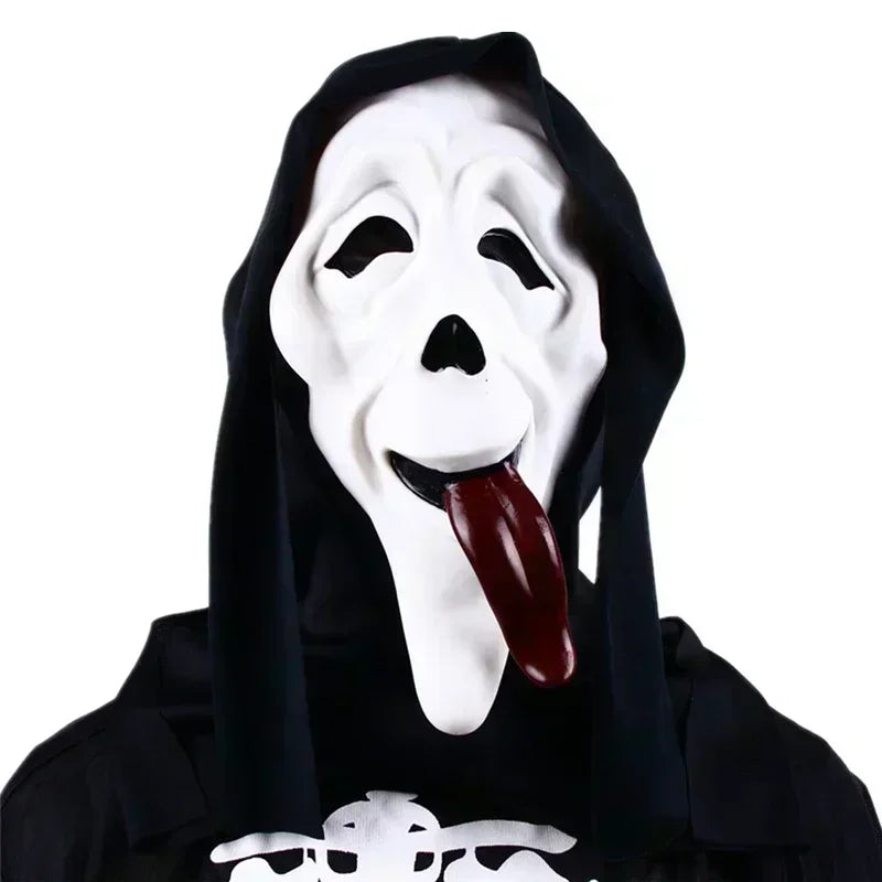 Person wearing a ghost face mask with a long tongue and black hood on a white background