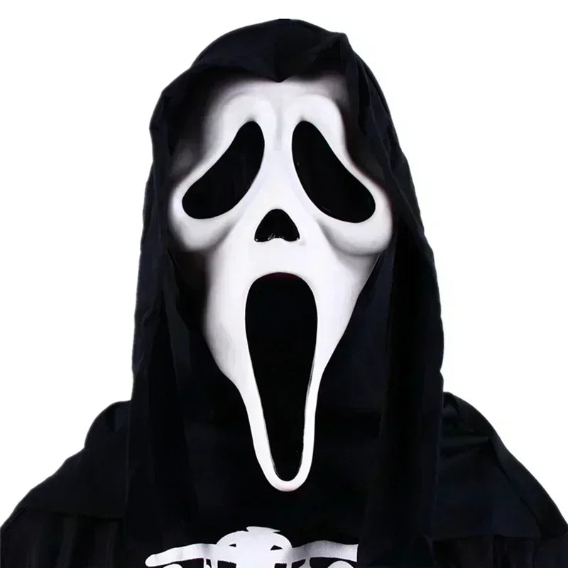 Person wearing a black hooded garment with a white mask resembling the 'Scream' character on a white background
