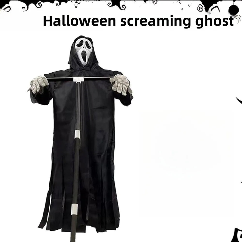 Halloween decoration of a screaming ghost with a black robe and white face mask on a white background.