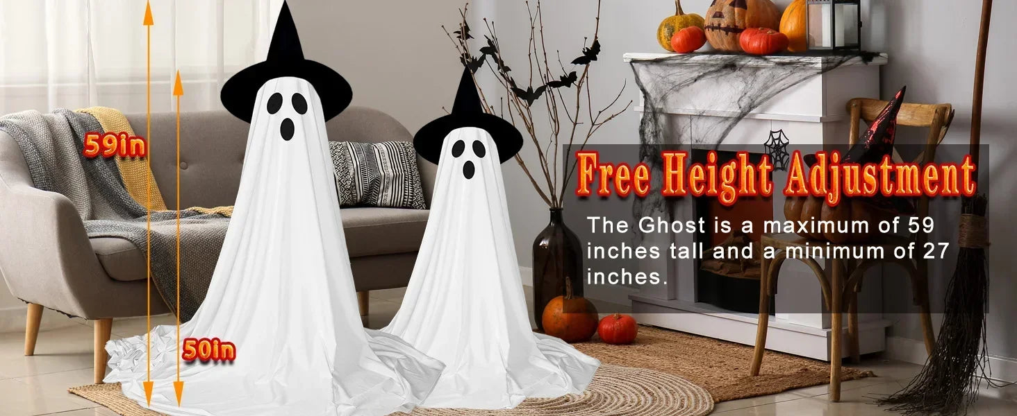 Halloween ghost decorations with height adjustment feature in a living room setting.