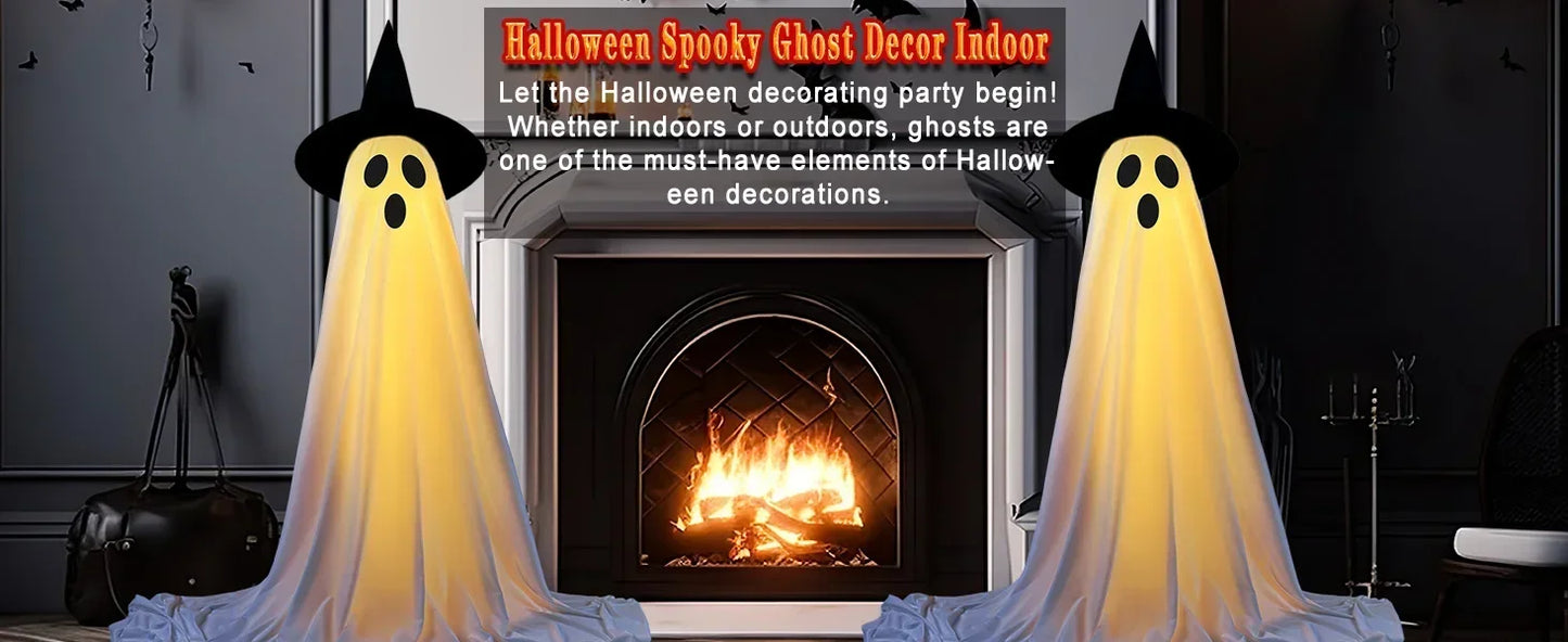 Halloween ghosts in front of a fireplace with decorative text above.