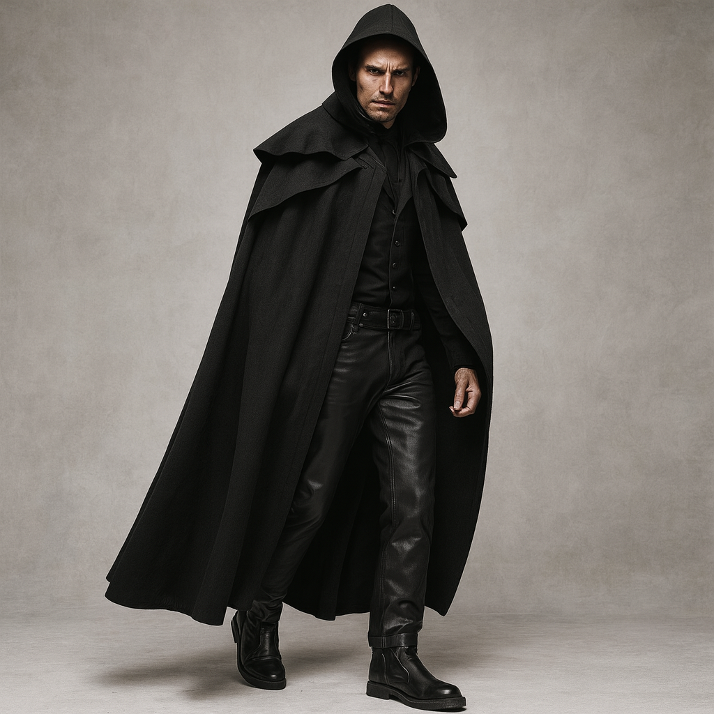 Man wearing a black hooded cloak and leather pants against a neutral background