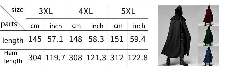 Cloak size chart with measurements in centimeters and inches, displayed with a cloak on a mannequin.