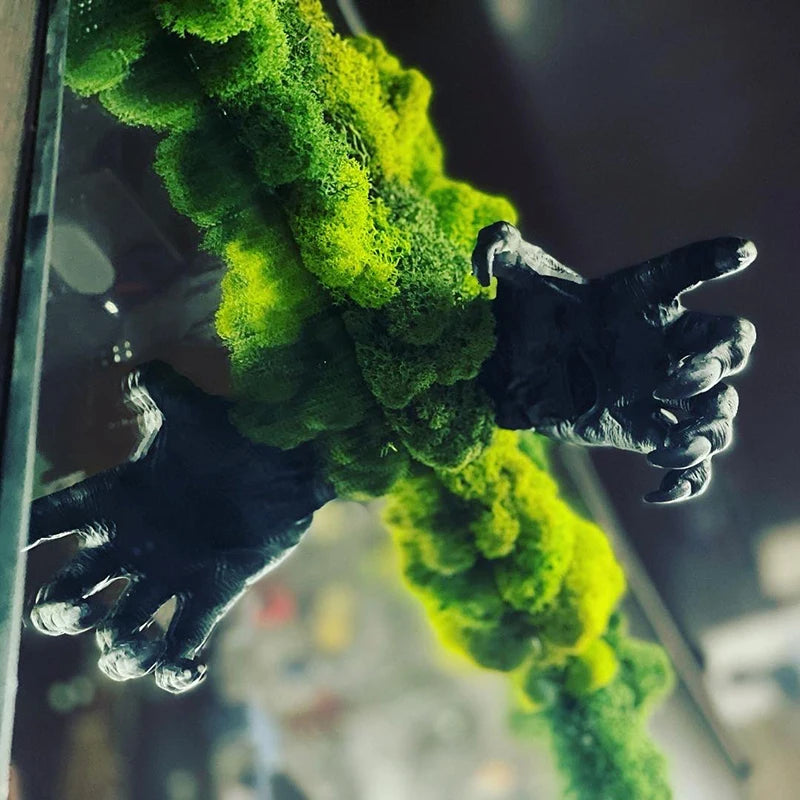 Moss-covered car windshield with a gloved hand reaching out