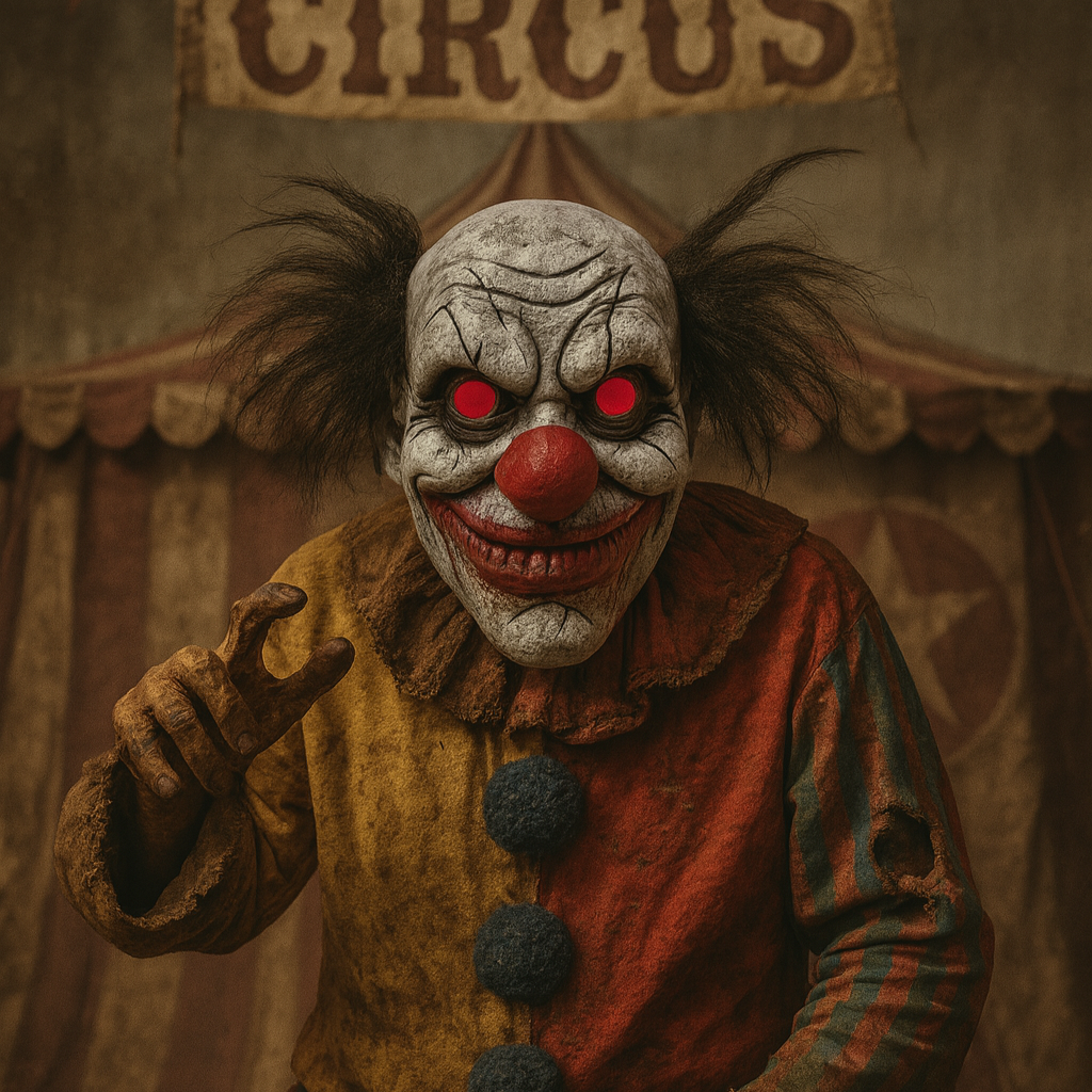 Clown with red eyes and a sinister smile in front of a circus tent.