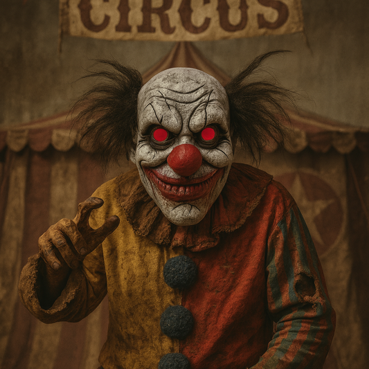 Clown with red eyes and a sinister smile in front of a circus tent.