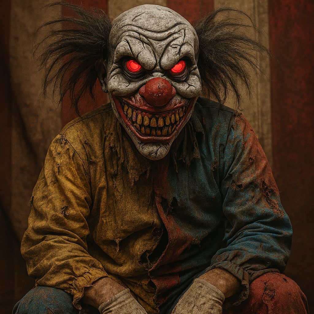 Horror clown with red eyes and a menacing expression sitting against a striped wall.