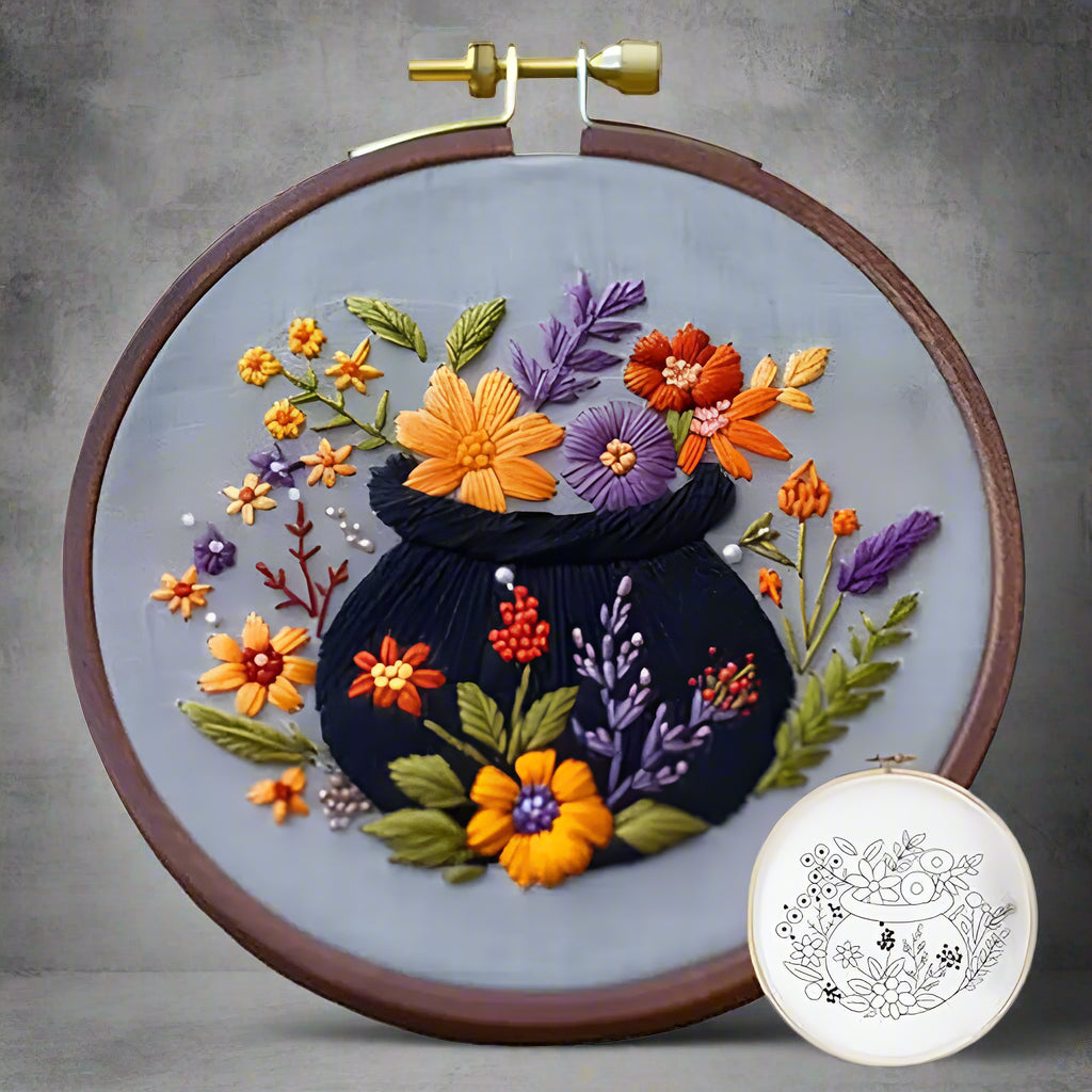 Embroidery hoop with floral design and a smaller sample on a white background