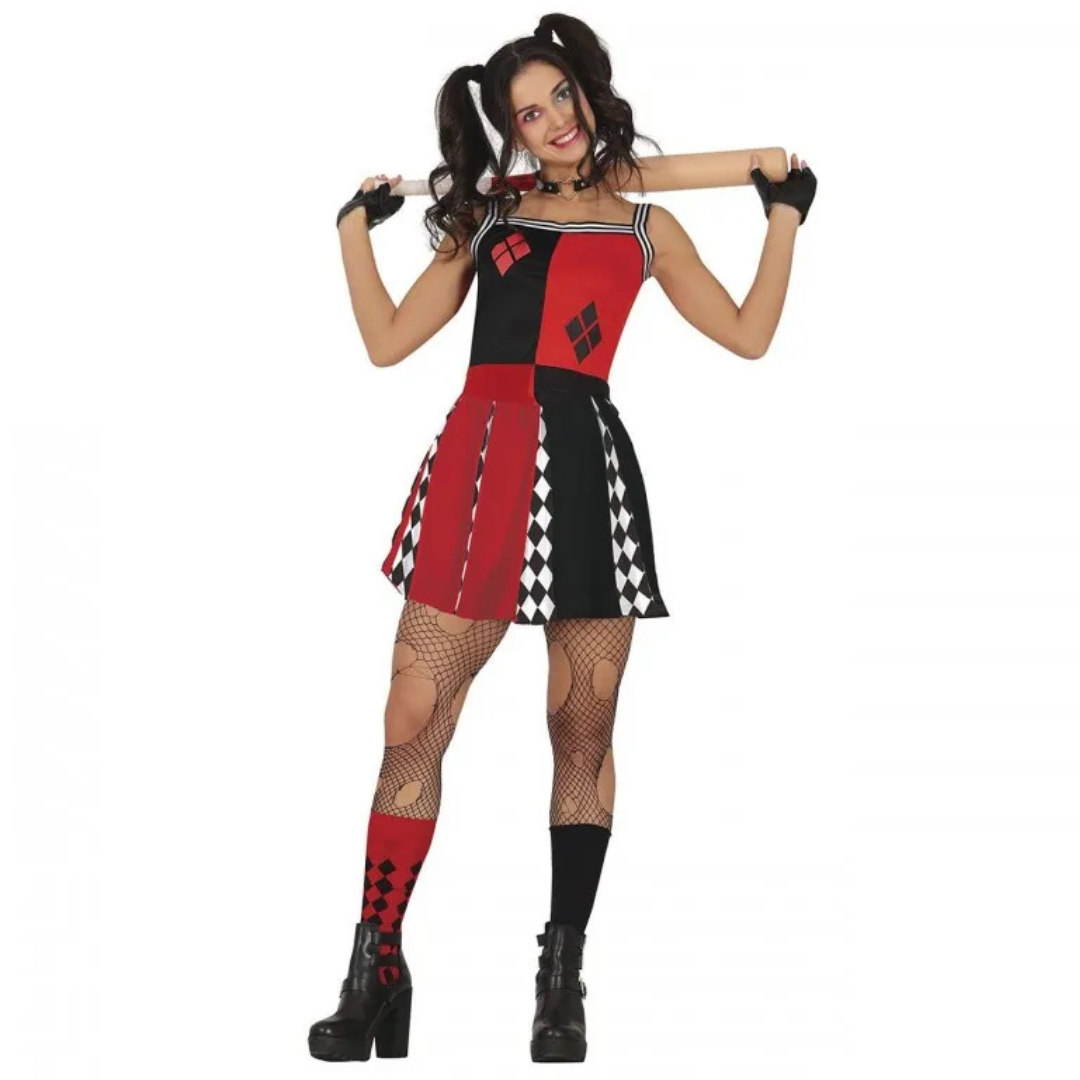 Woman wearing a Harley Quinn costume on a white background